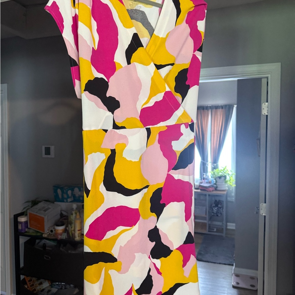 Nine West Pink and Yellow Abstract Midi Dress
